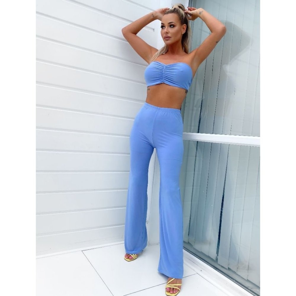 Blue Strapless Ruched Crop Top and High Waist Wide Leg Pants Two Piece Set - Picture 3 of 6